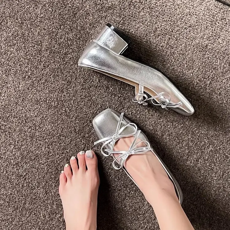 2026 New Style Square-Toe Shallow Bowknot Mid-Heel Elegant French Mary Jane Shoes Fashionable Silver Single Shoes for Women - Image 6