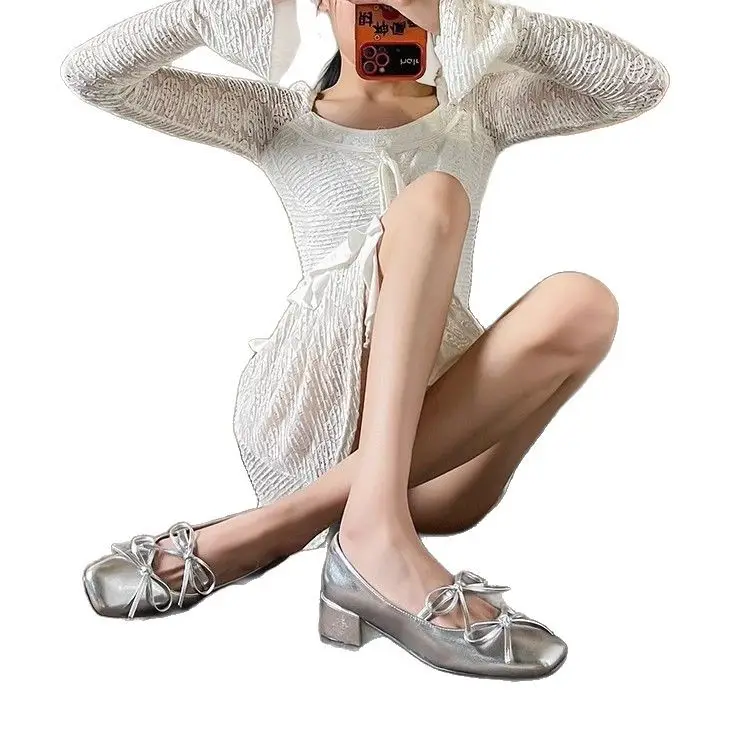 2026 New Style Square-Toe Shallow Bowknot Mid-Heel Elegant French Mary Jane Shoes Fashionable Silver Single Shoes for Women - Image 7
