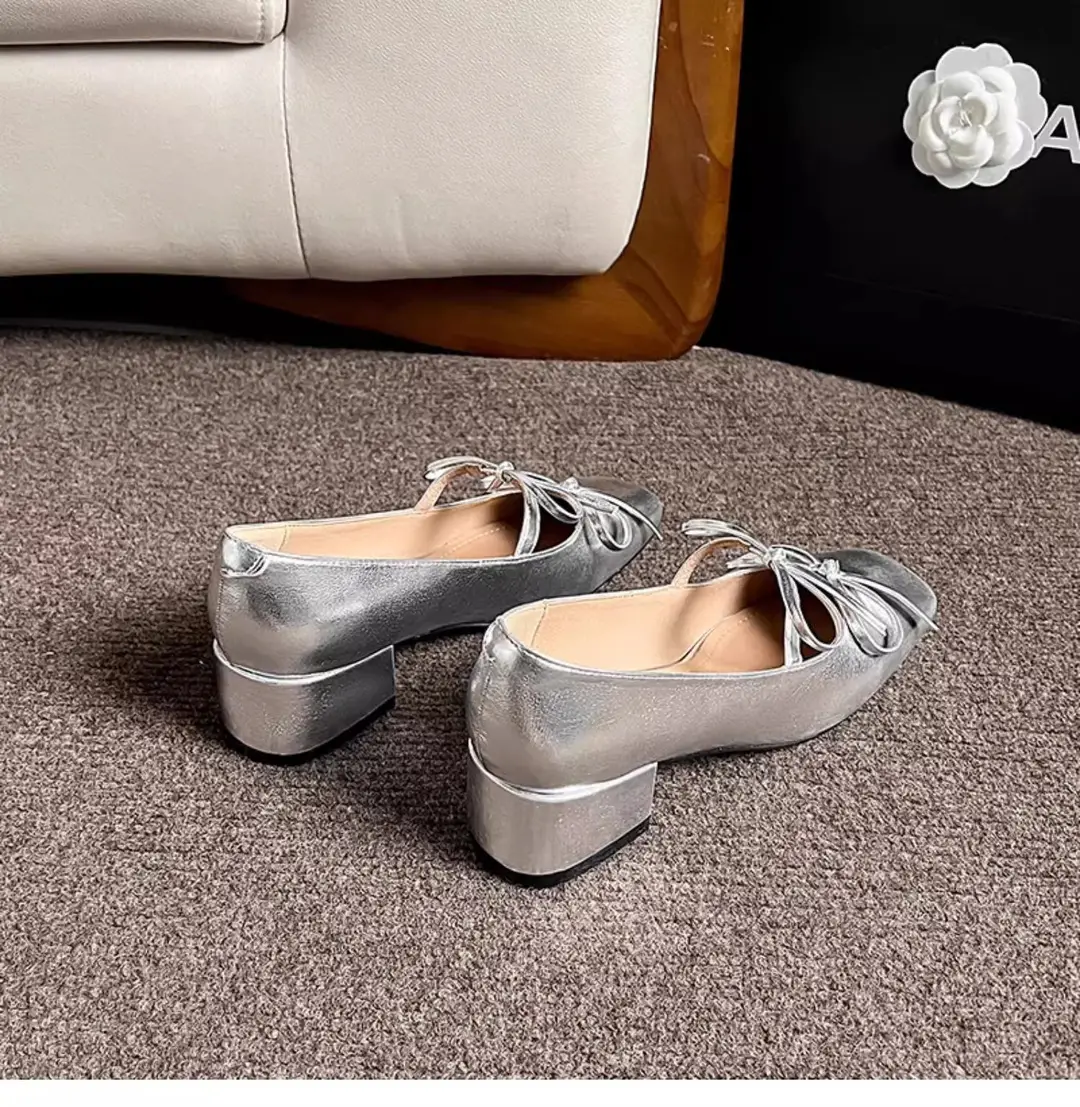 2026 New Style Square-Toe Shallow Bowknot Mid-Heel Elegant French Mary Jane Shoes Fashionable Silver Single Shoes for Women — feature 10