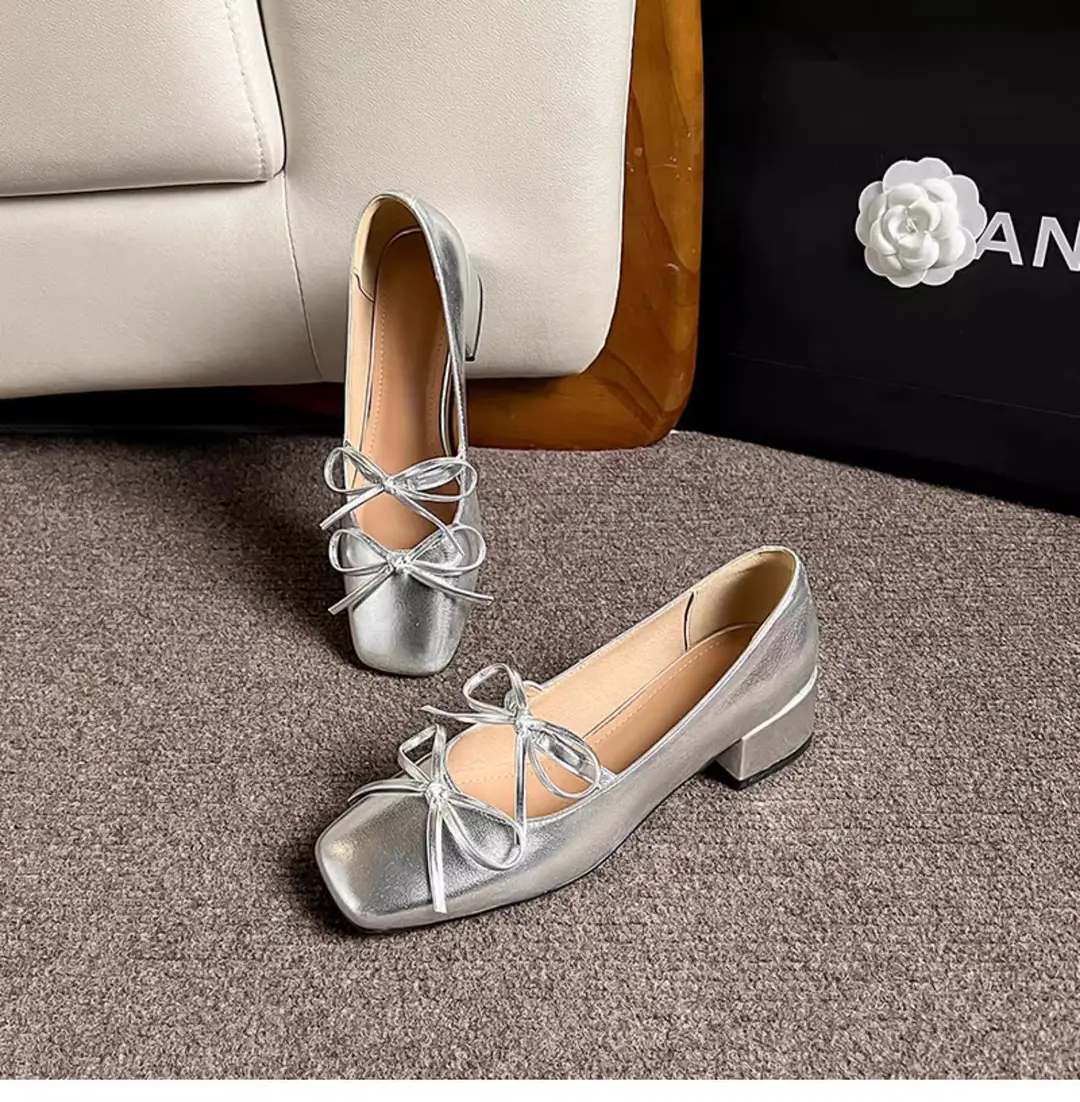 2026 New Style Square-Toe Shallow Bowknot Mid-Heel Elegant French Mary Jane Shoes Fashionable Silver Single Shoes for Women — feature 11