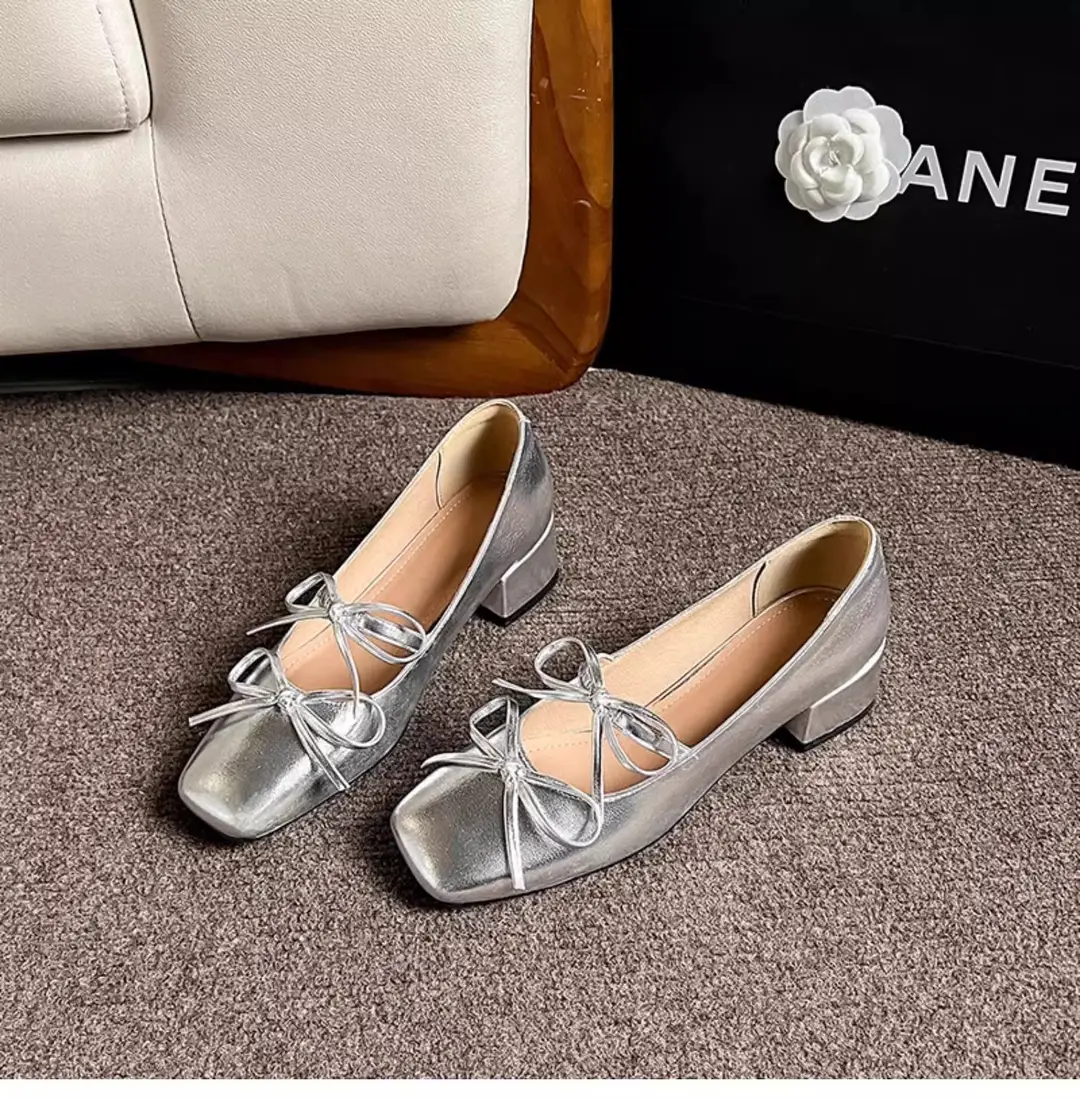 2026 New Style Square-Toe Shallow Bowknot Mid-Heel Elegant French Mary Jane Shoes Fashionable Silver Single Shoes for Women — feature 12