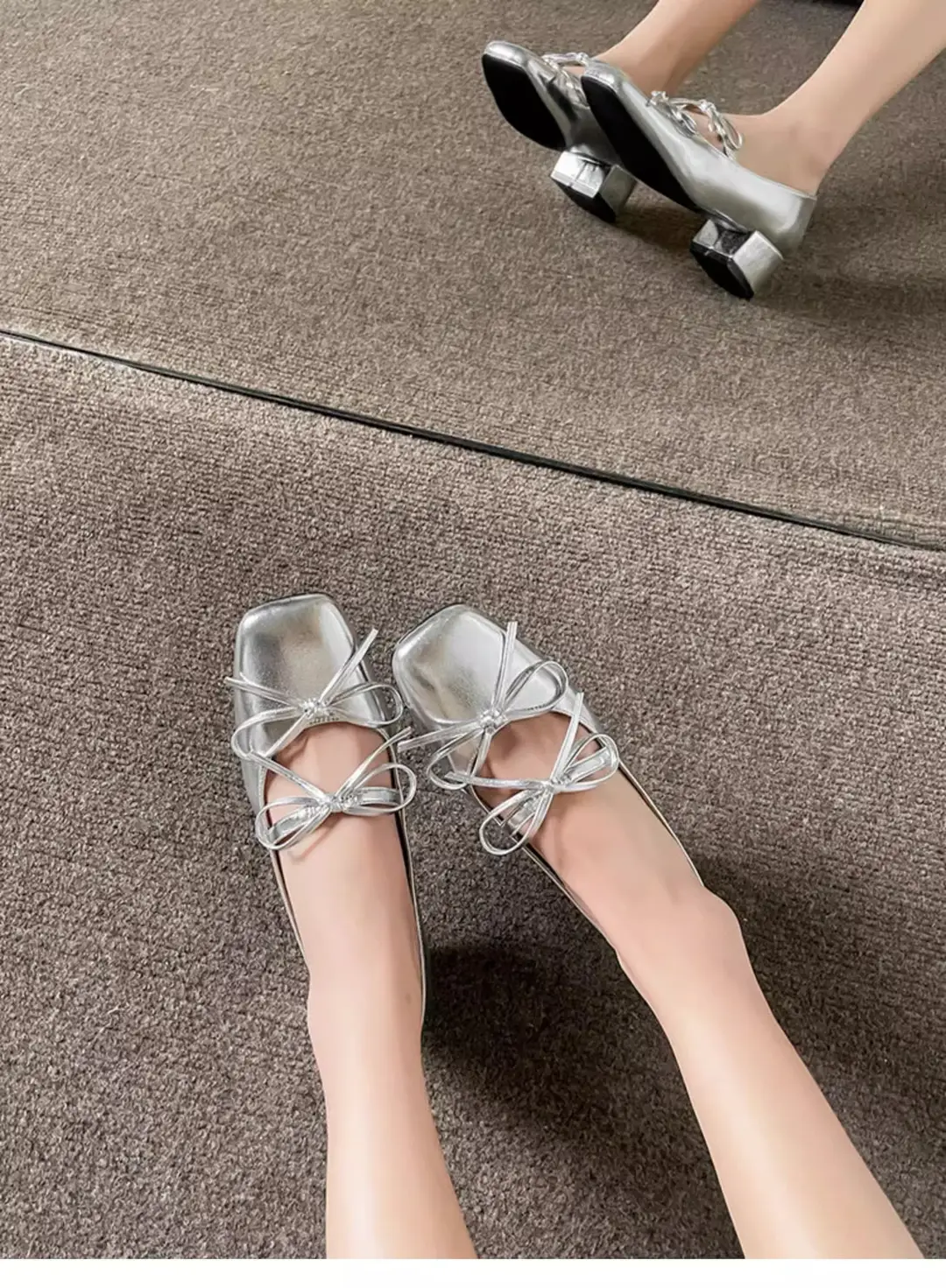 2026 New Style Square-Toe Shallow Bowknot Mid-Heel Elegant French Mary Jane Shoes Fashionable Silver Single Shoes for Women — feature 6
