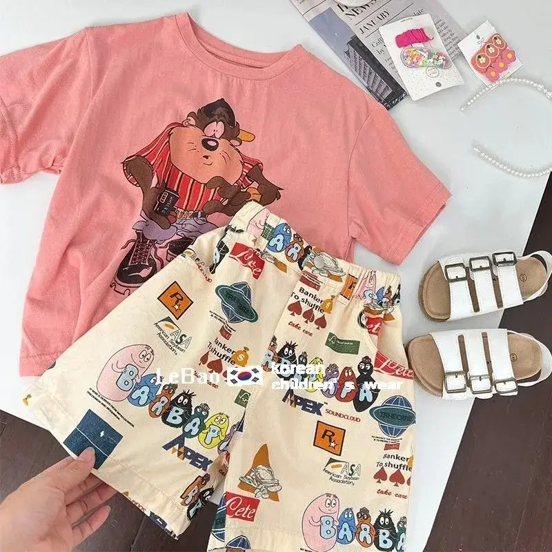 Children's Two-Piece Printed T-Shirt & Shorts Set Pink Beige Summer 2025