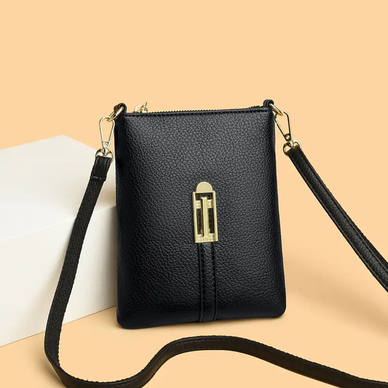 Black Women's Shoulder Messenger Bag with Gold Clasp