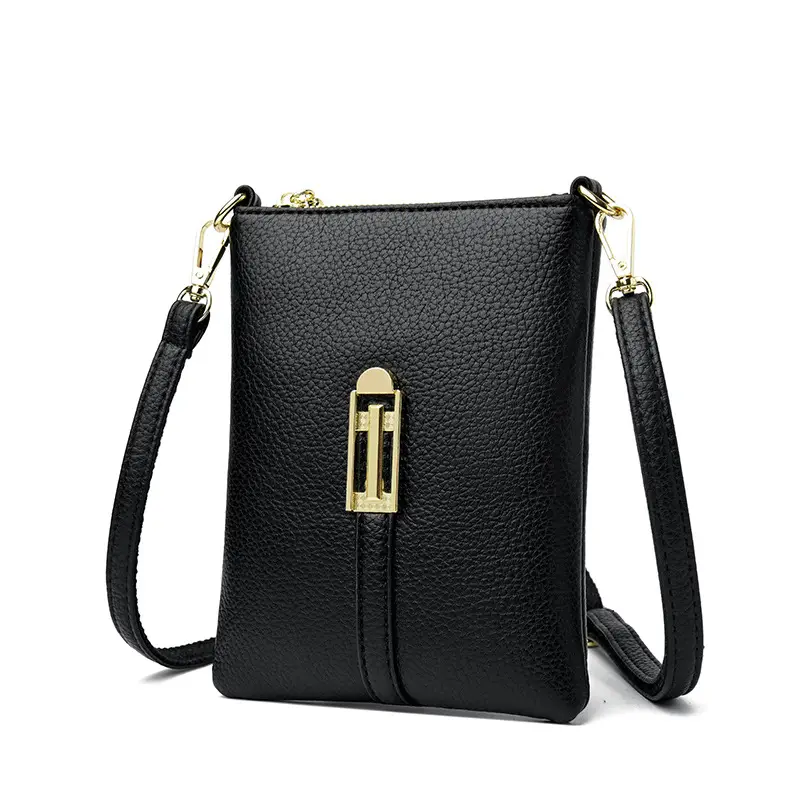 Black Women's Shoulder Messenger Bag with Gold Clasp
