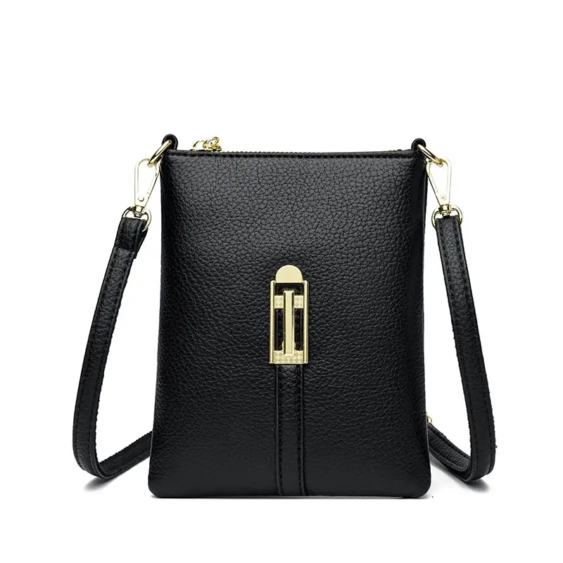 Black Women's Shoulder Messenger Bag with Gold Clasp