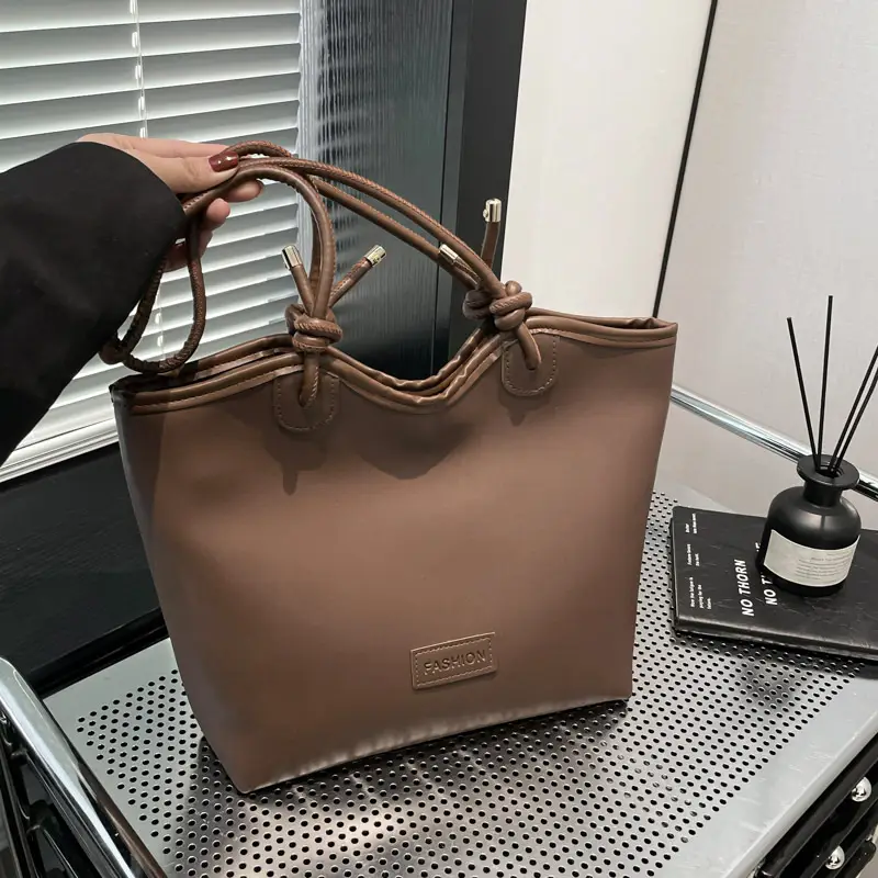 Women's Beige Straw Tote Bag with Leather Handles - Image 8