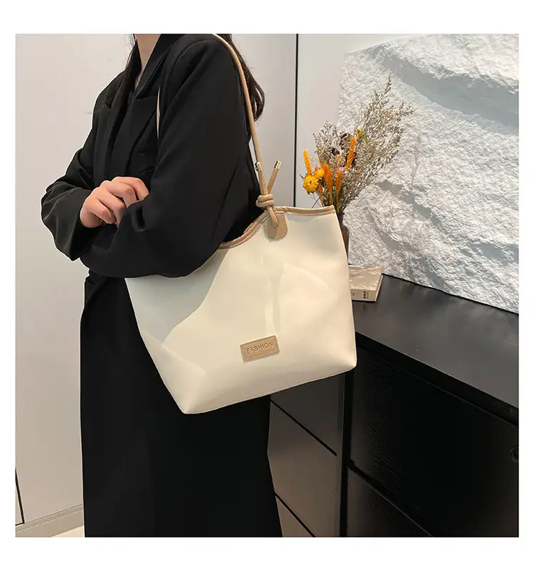Women's Beige Straw Tote Bag with Leather Handles — feature 10