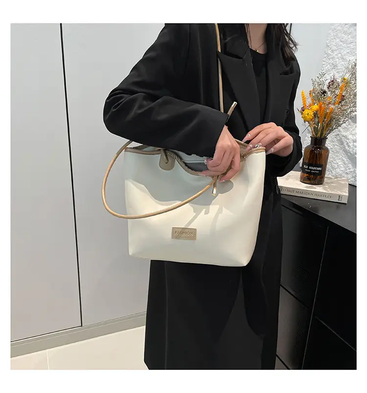 Women's Beige Straw Tote Bag with Leather Handles — feature 12