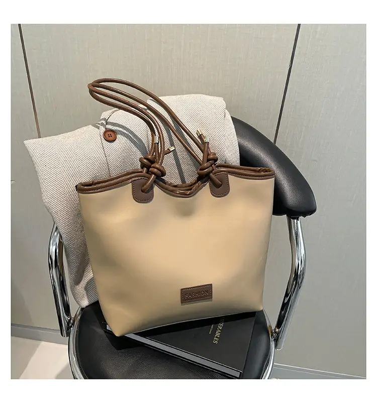Women's Beige Straw Tote Bag with Leather Handles — feature 19