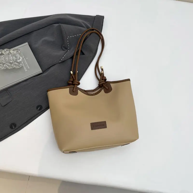 Women's Beige Straw Tote Bag with Leather Handles - Image 2