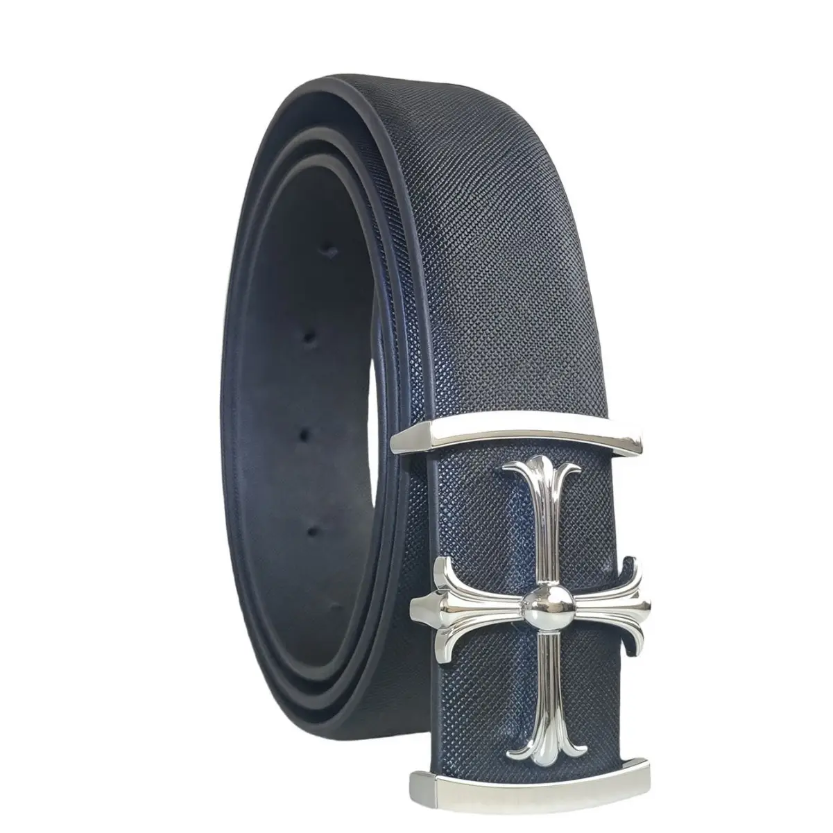 Men's Grey Leather Belt with Silver Buckle - Image 5