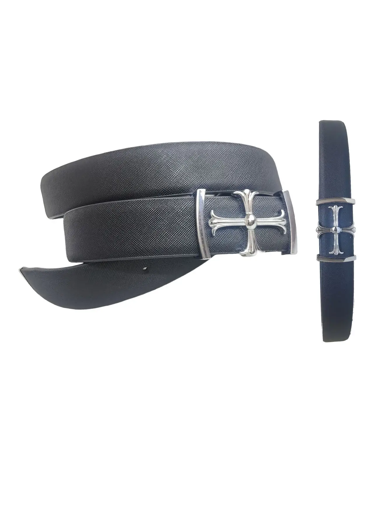 Men's Grey Leather Belt with Silver Buckle — feature 7