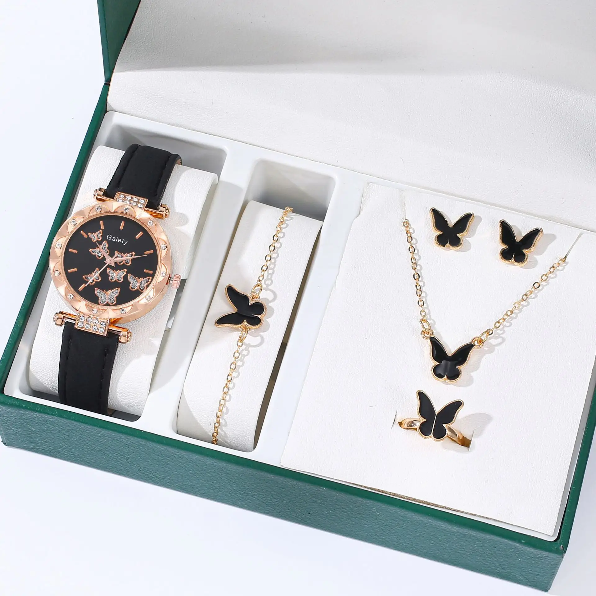 Women's Butterfly Watch Set Pink Gold Jewelry