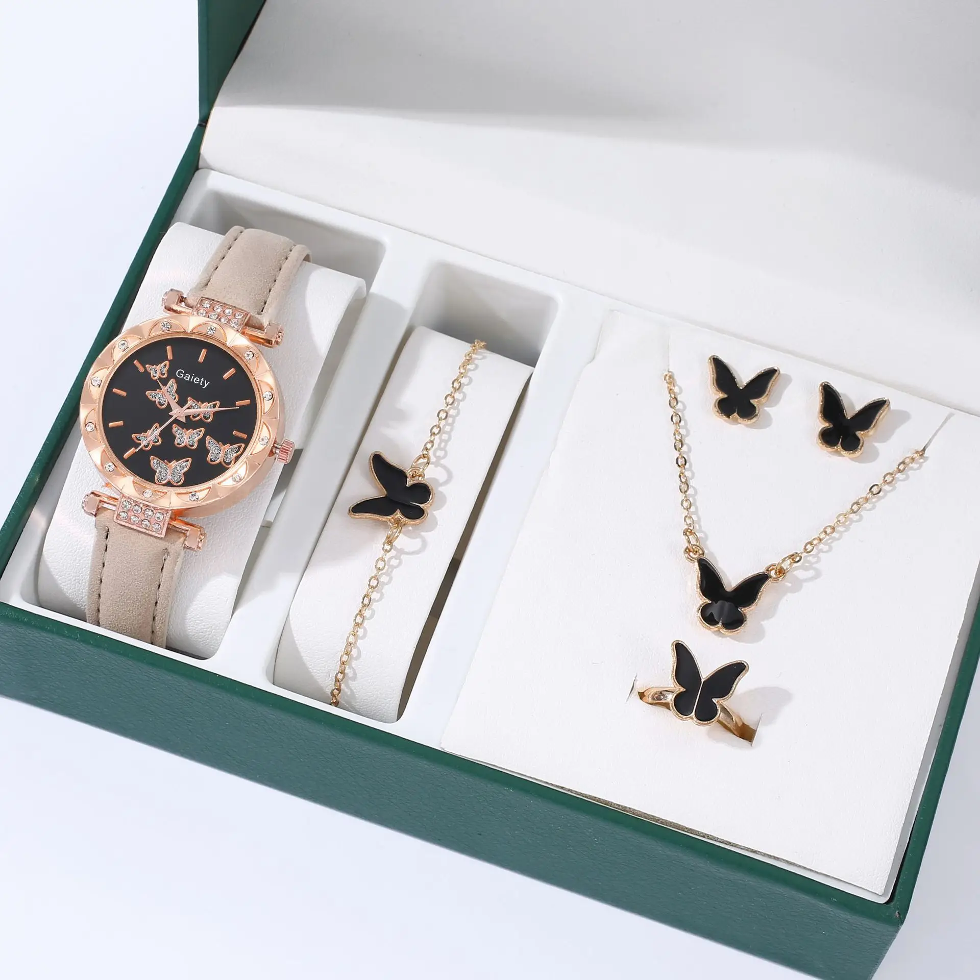 Women's Butterfly Watch Set Pink Gold Jewelry