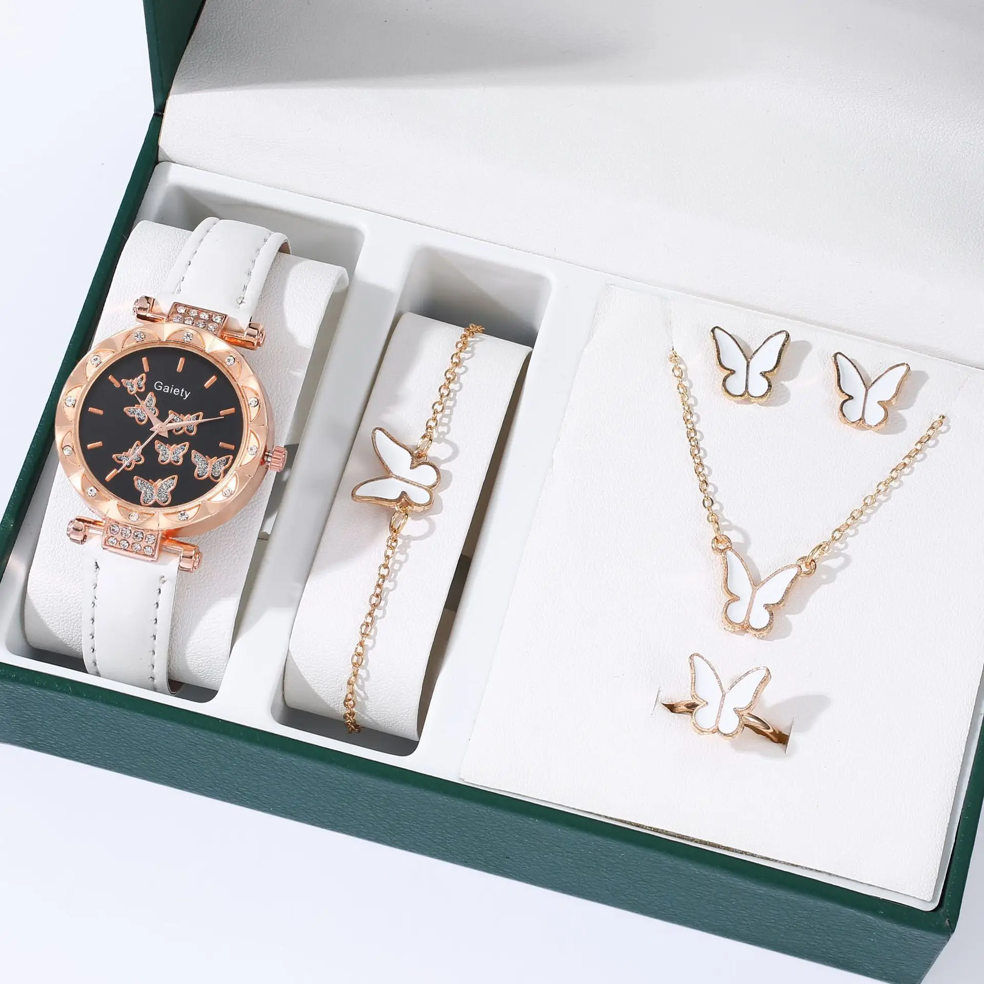 Women's Butterfly Watch Set Pink Gold Jewelry