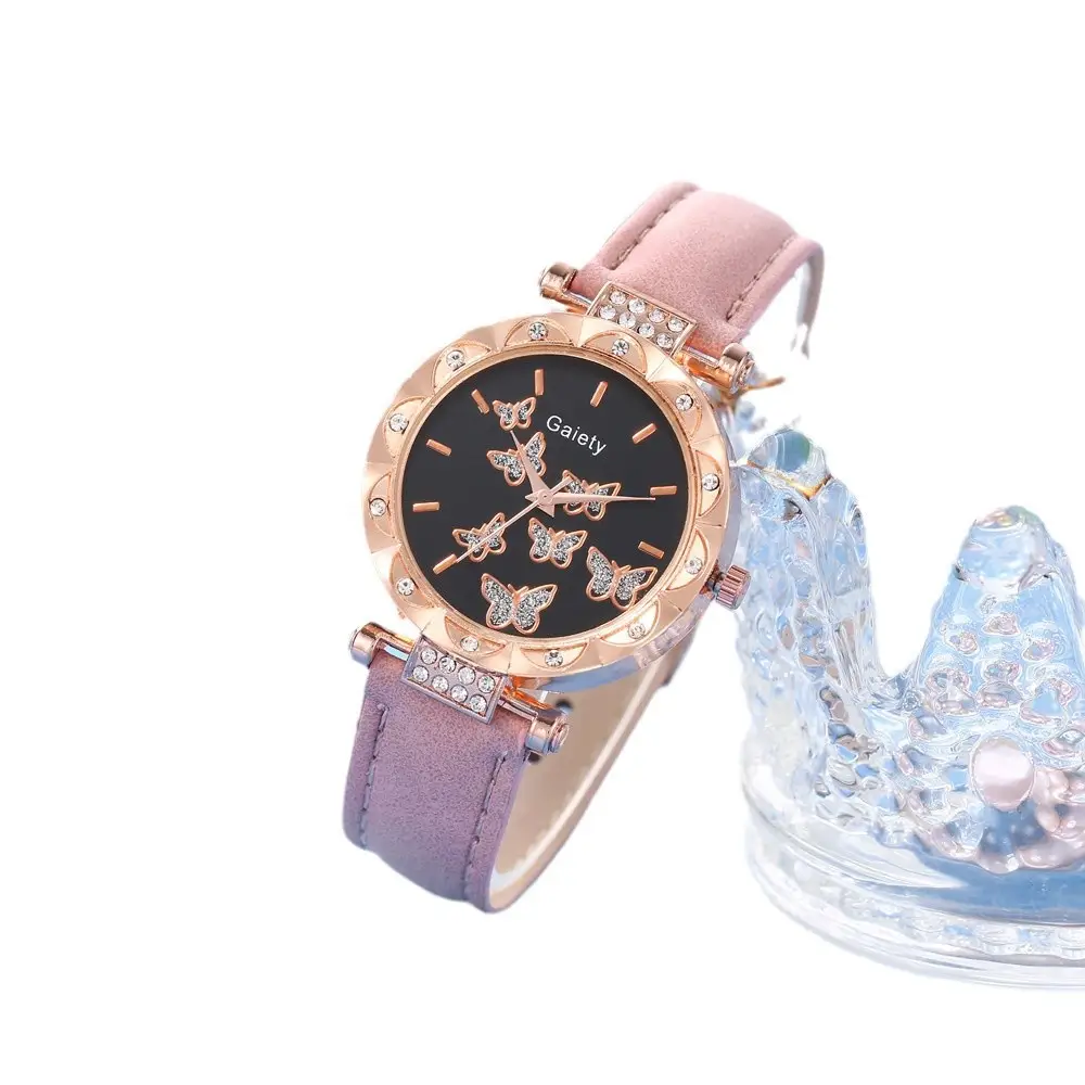 Women's Butterfly Watch Set Pink Gold Jewelry