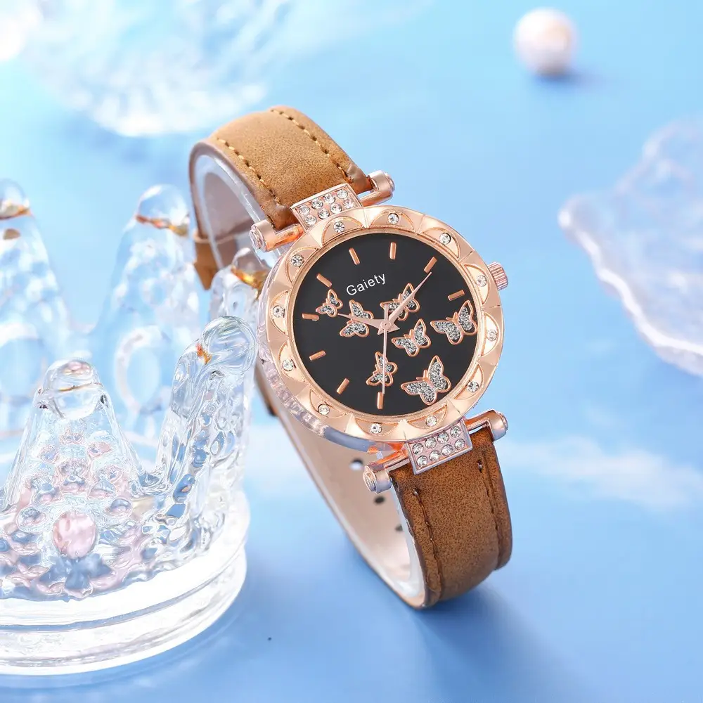 Women's Butterfly Watch Set Pink Gold Jewelry