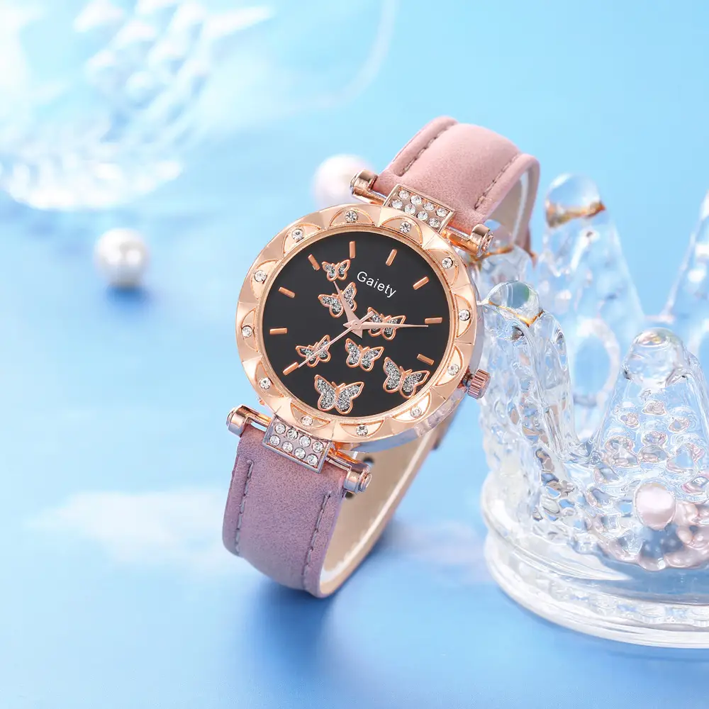 Women's Butterfly Watch Set Pink Gold Jewelry