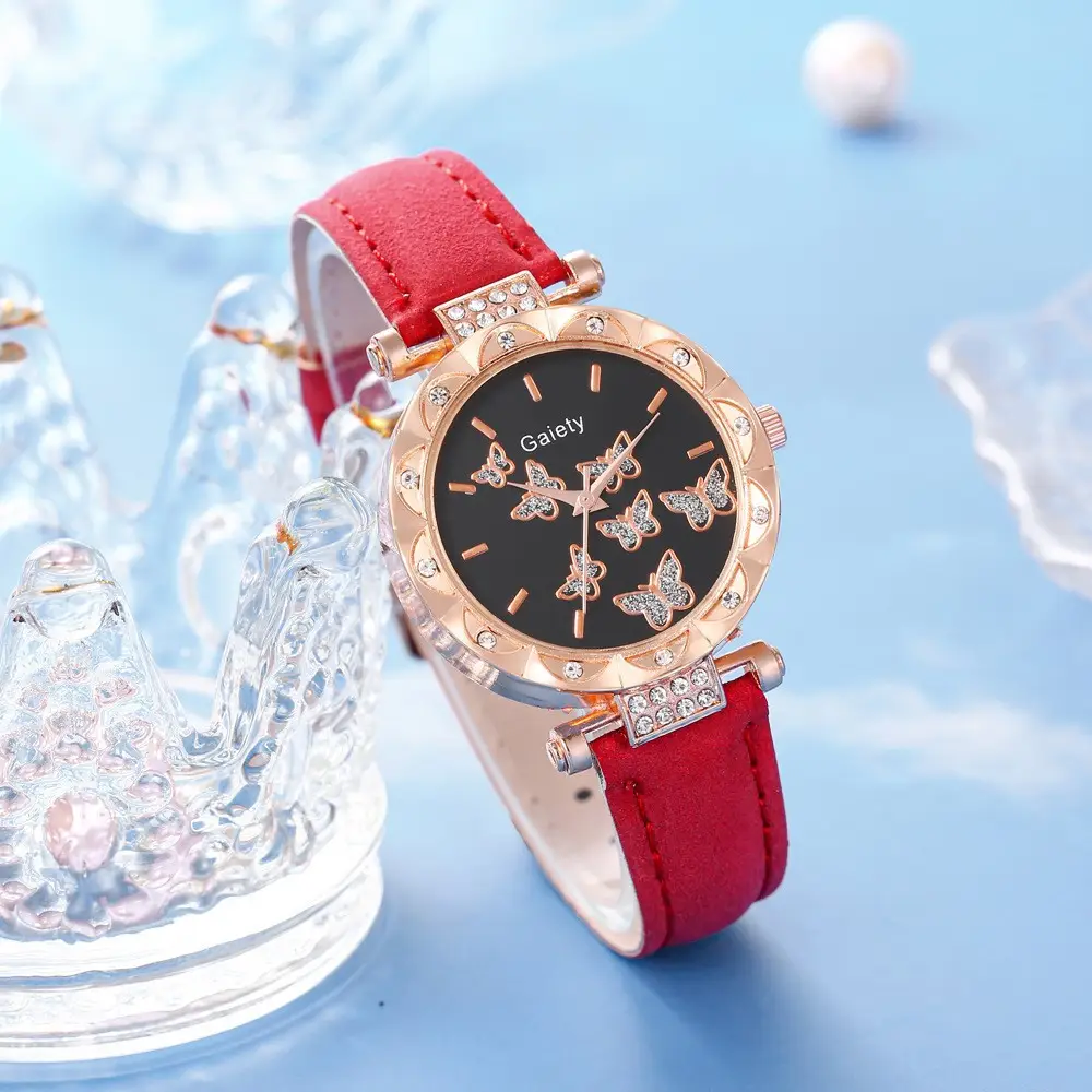 Women's Butterfly Watch Set Pink Gold Jewelry