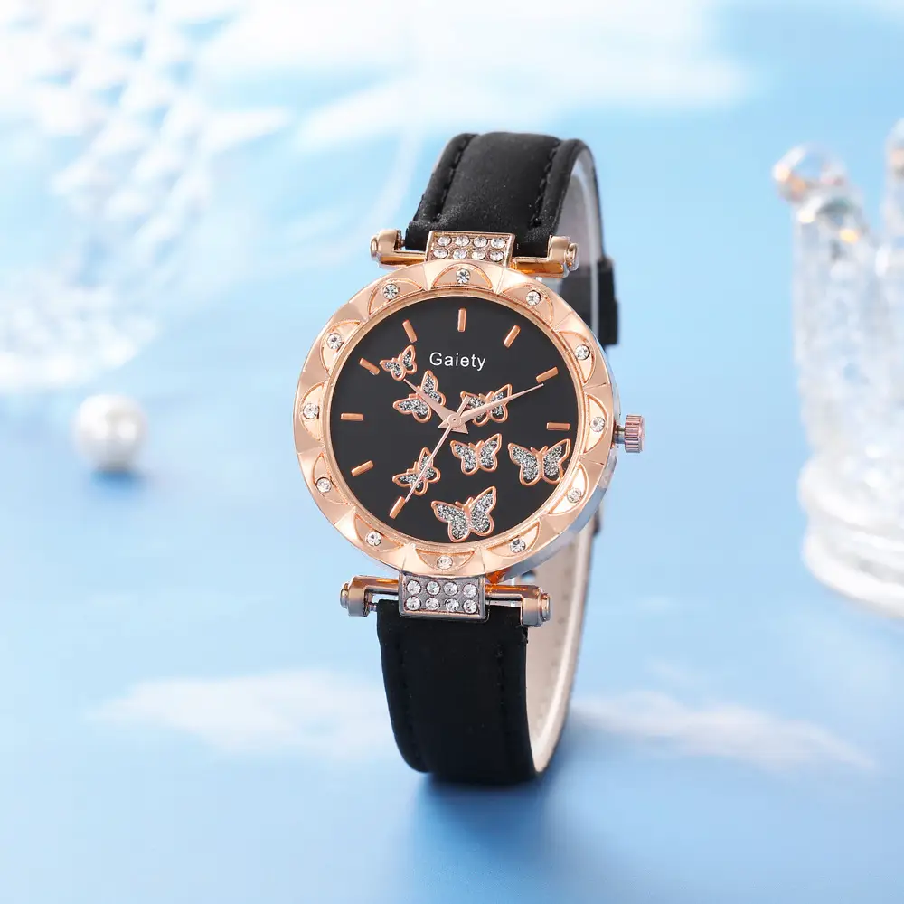 Women's Butterfly Watch Set Pink Gold Jewelry