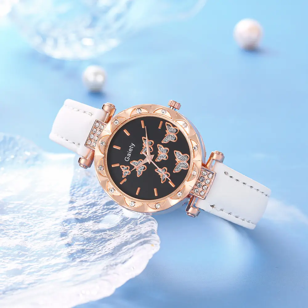 Women's Butterfly Watch Set Pink Gold Jewelry