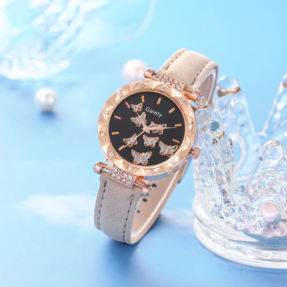 Women's Butterfly Watch Set Pink Gold Jewelry