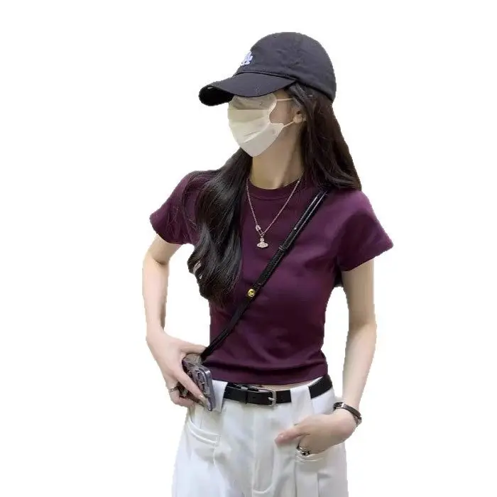 [Selection Cotton] Pure Cotton High-Waisted Short T-Shirt for Women Summer 2025 New Round Neck Raglan Top Short-Sleeved Bottoming Shirt
