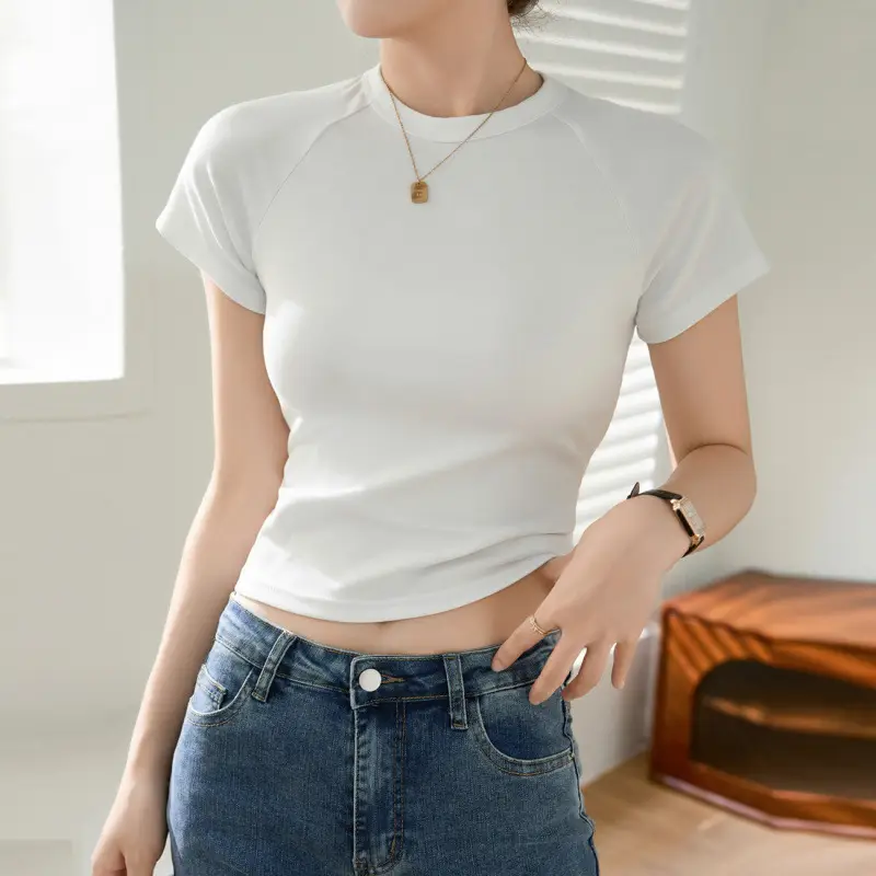 [Selection Cotton] Pure Cotton High-Waisted Short T-Shirt for Women Summer 2025 New Round Neck Raglan Top Short-Sleeved Bottoming Shirt