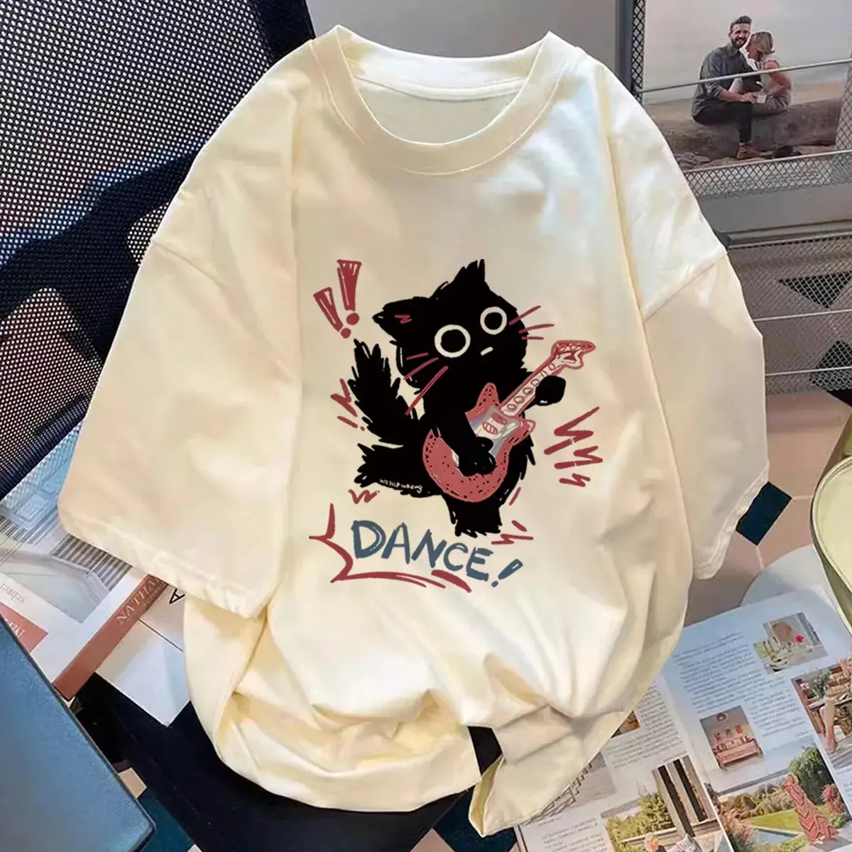 2025 Cartoon Cat Guitar Print Cotton T-Shirt Women Loose Trendy - Image 2