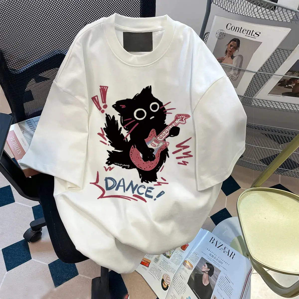 2025 Cartoon Cat Guitar Print Cotton T-Shirt Women Loose Trendy - Image 3