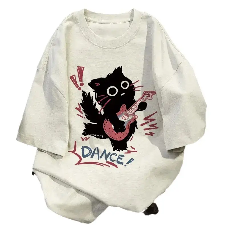 2025 Cartoon Cat Guitar Print Cotton T-Shirt Women Loose Trendy - Image 4
