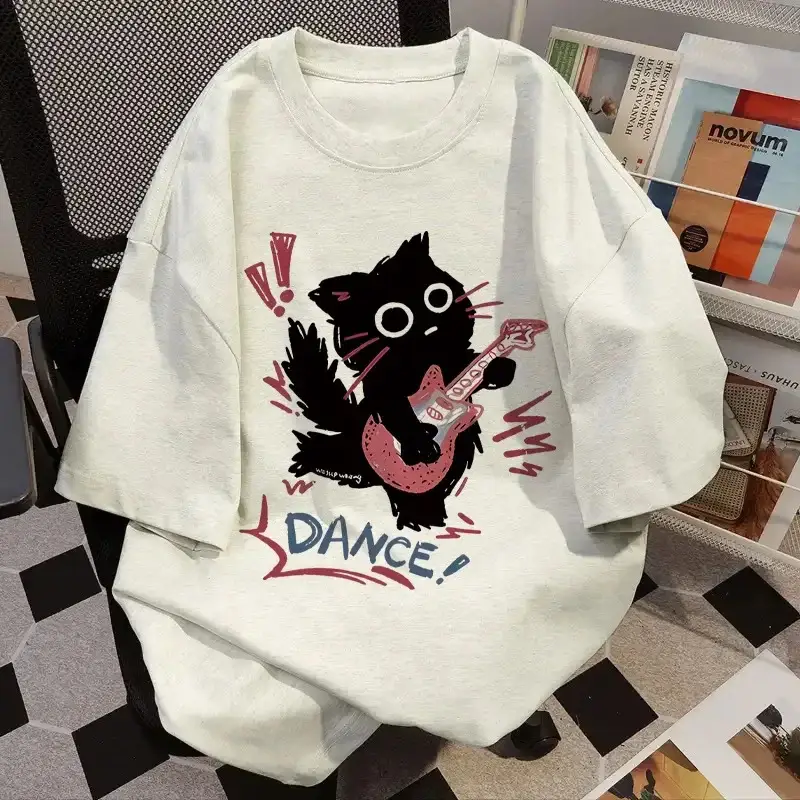 2025 Cartoon Cat Guitar Print Cotton T-Shirt Women Loose Trendy — feature 5