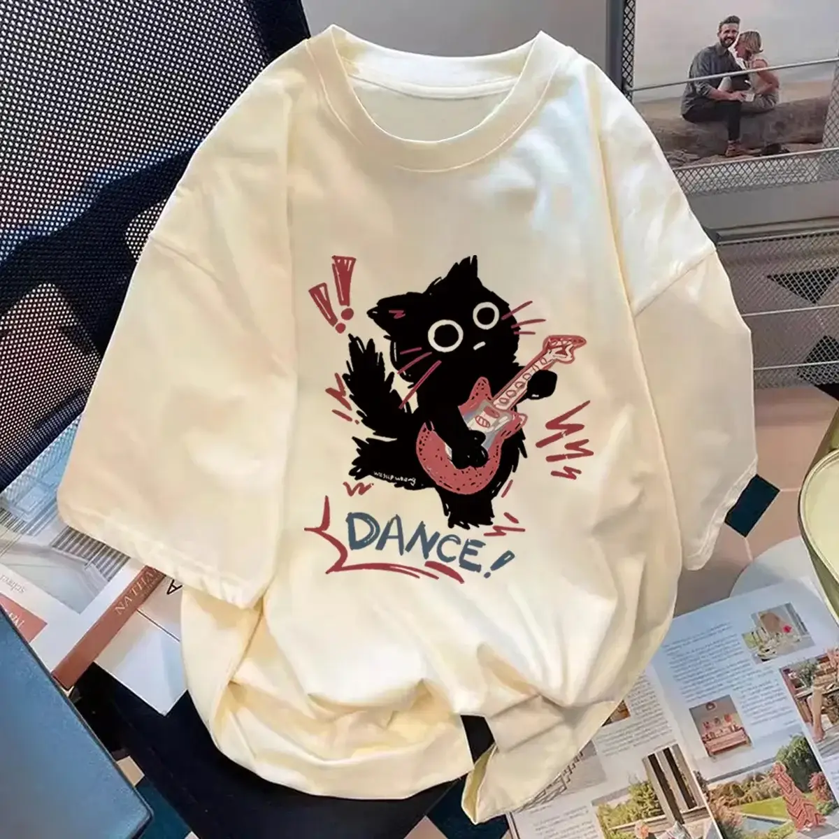 2025 Cartoon Cat Guitar Print Cotton T-Shirt Women Loose Trendy — feature 6