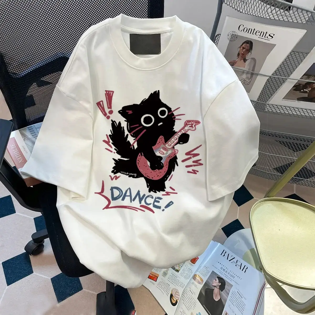 2025 Cartoon Cat Guitar Print Cotton T-Shirt Women Loose Trendy — feature 7