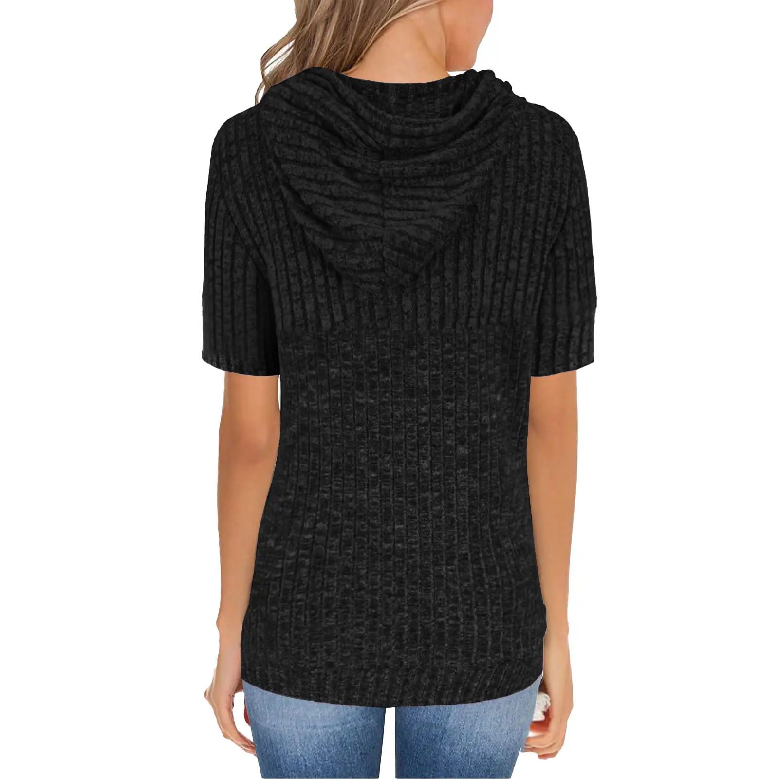 Women Green Hooded Short Sleeve T-Shirt with Pocket - Image 12