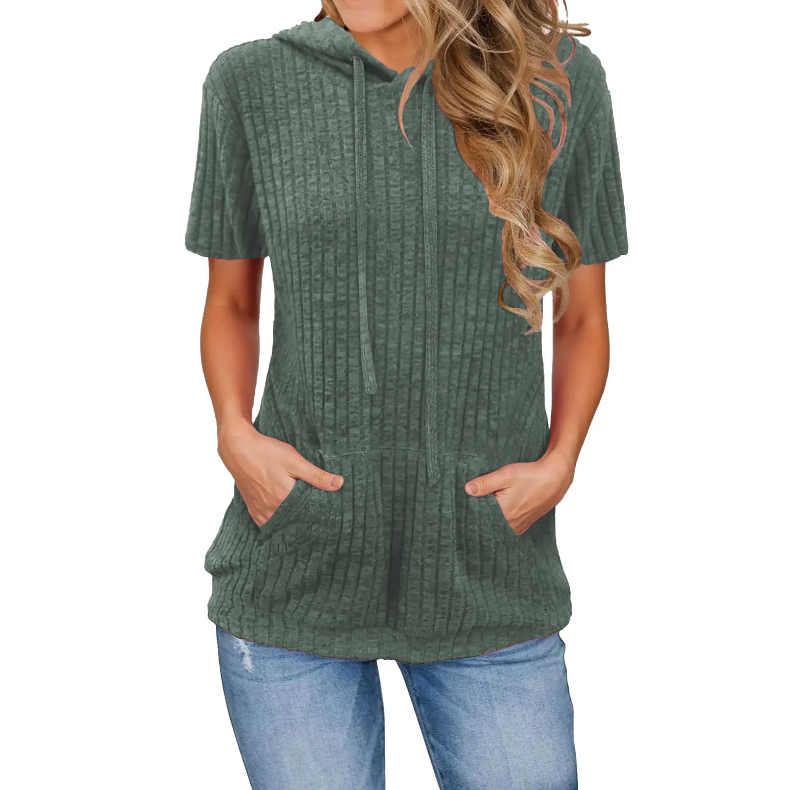 Women Green Hooded Short Sleeve T-Shirt with Pocket - Image 4