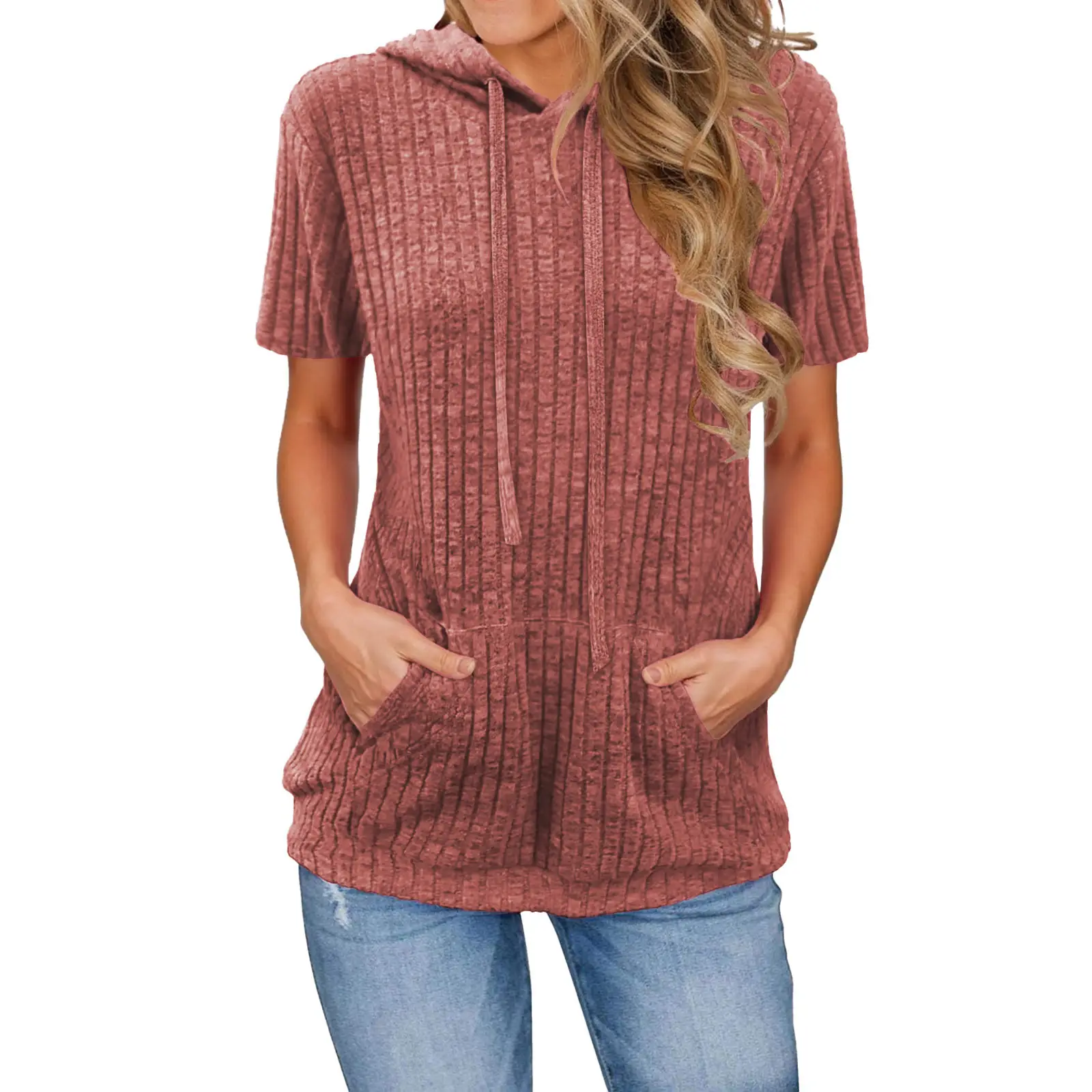 Women Green Hooded Short Sleeve T-Shirt with Pocket - Image 5