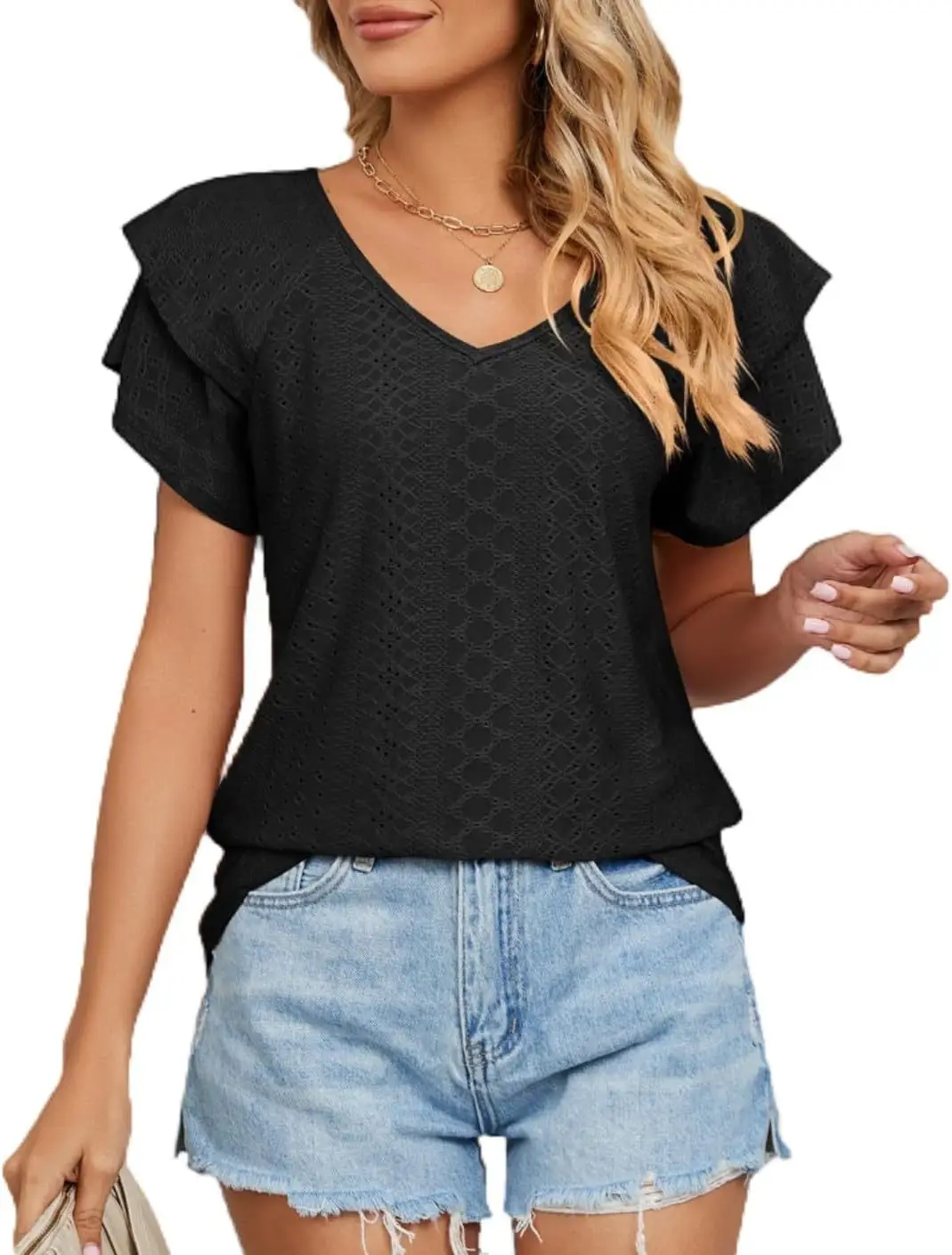 Women Black Lotus Leaf Short Sleeve T-Shirt Casual Top