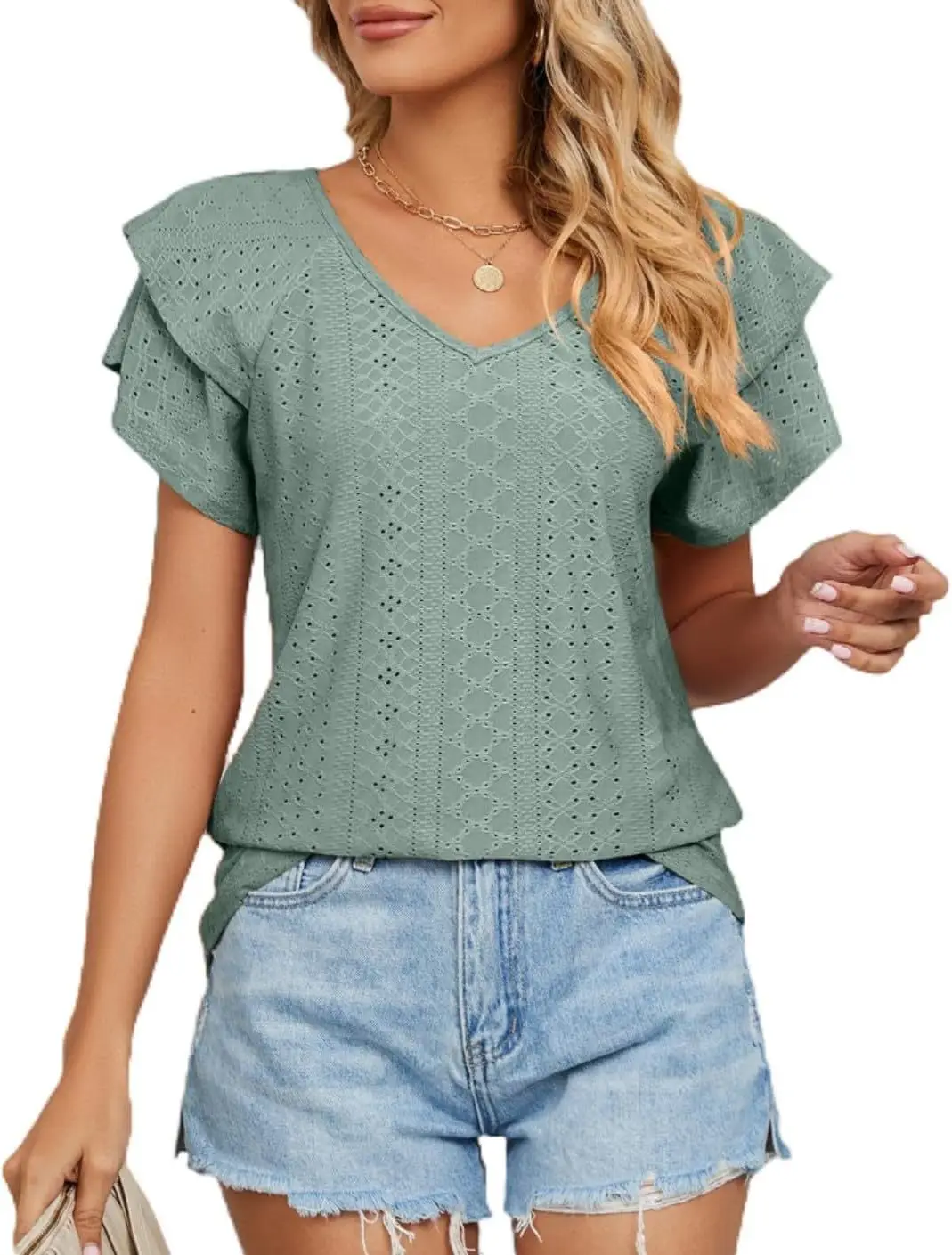 Women Black Lotus Leaf Short Sleeve T-Shirt Casual Top