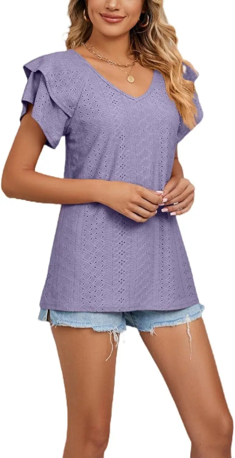 Women Black Lotus Leaf Short Sleeve T-Shirt Casual Top — feature 28