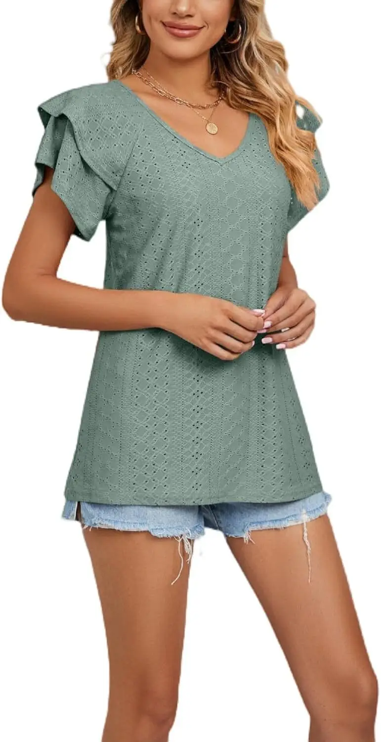 Women Black Lotus Leaf Short Sleeve T-Shirt Casual Top — feature 3