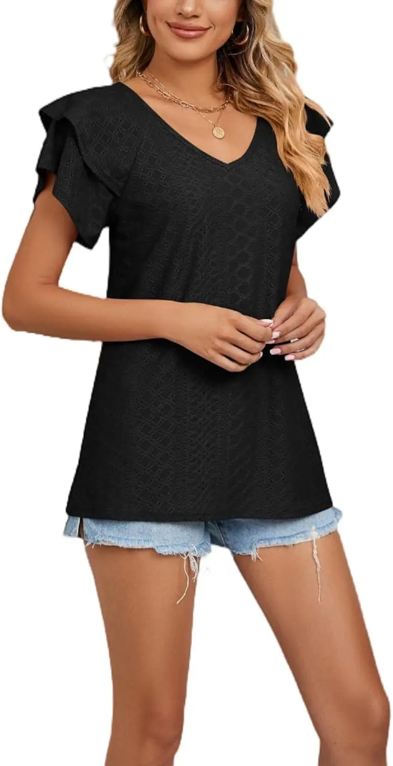 Women Black Lotus Leaf Short Sleeve T-Shirt Casual Top — feature 39