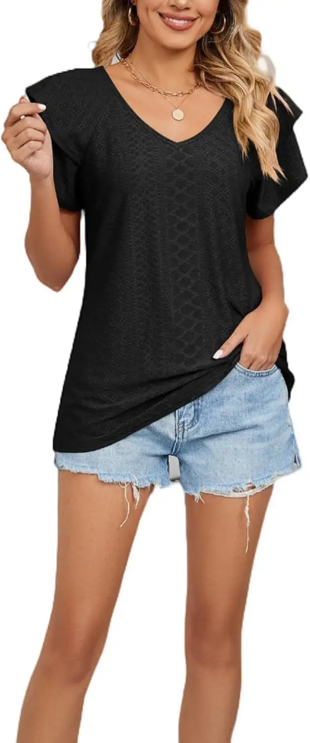 Women Black Lotus Leaf Short Sleeve T-Shirt Casual Top — feature 40