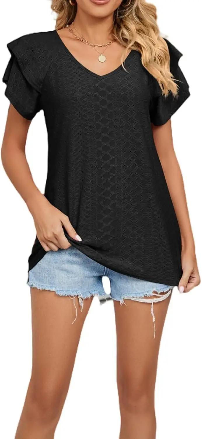 Women Black Lotus Leaf Short Sleeve T-Shirt Casual Top — feature 41