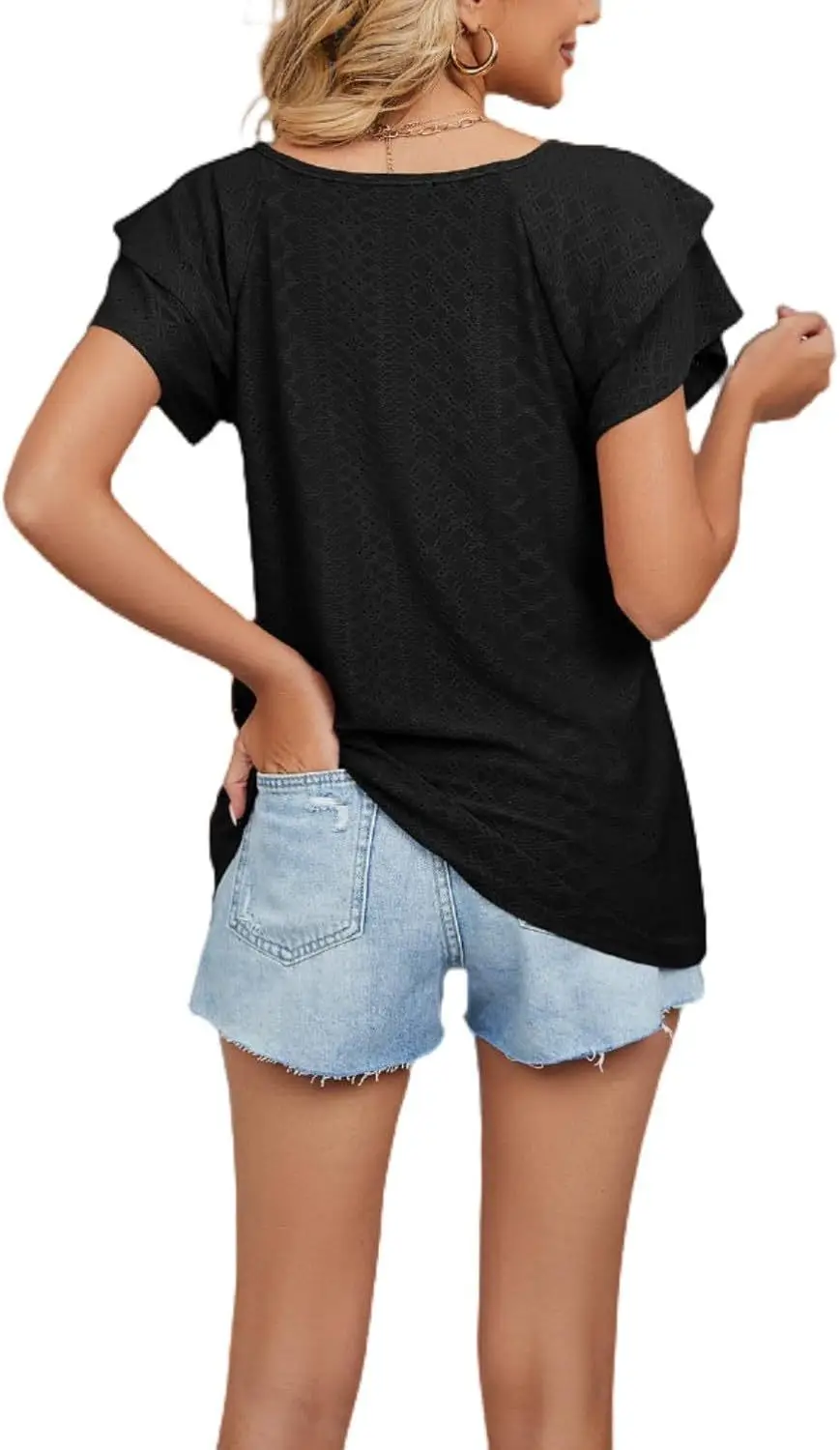 Women Black Lotus Leaf Short Sleeve T-Shirt Casual Top — feature 42