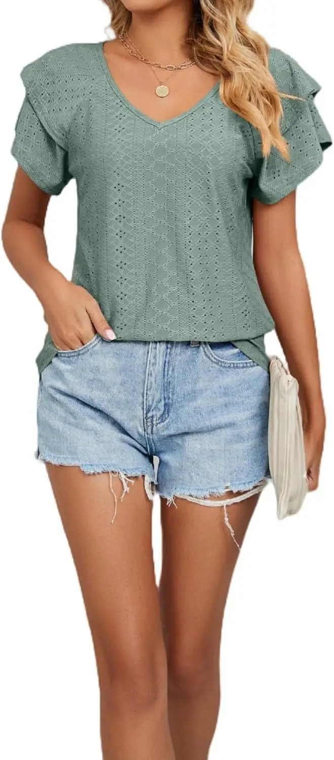 Women Black Lotus Leaf Short Sleeve T-Shirt Casual Top — feature 5
