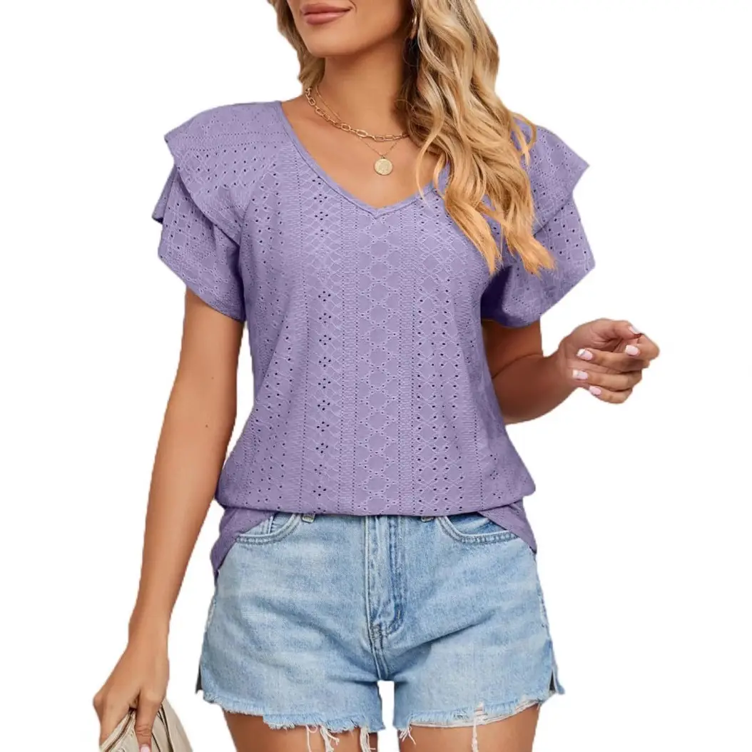 Women Black Lotus Leaf Short Sleeve T-Shirt Casual Top