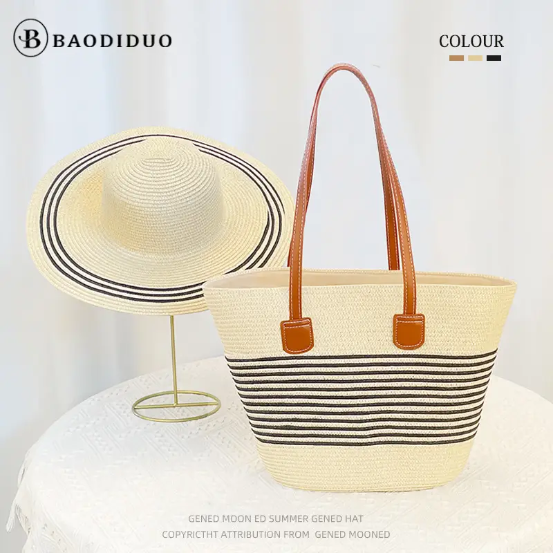 Women Straw Hat Bag Large Capacity Striped Handwoven - Image 6