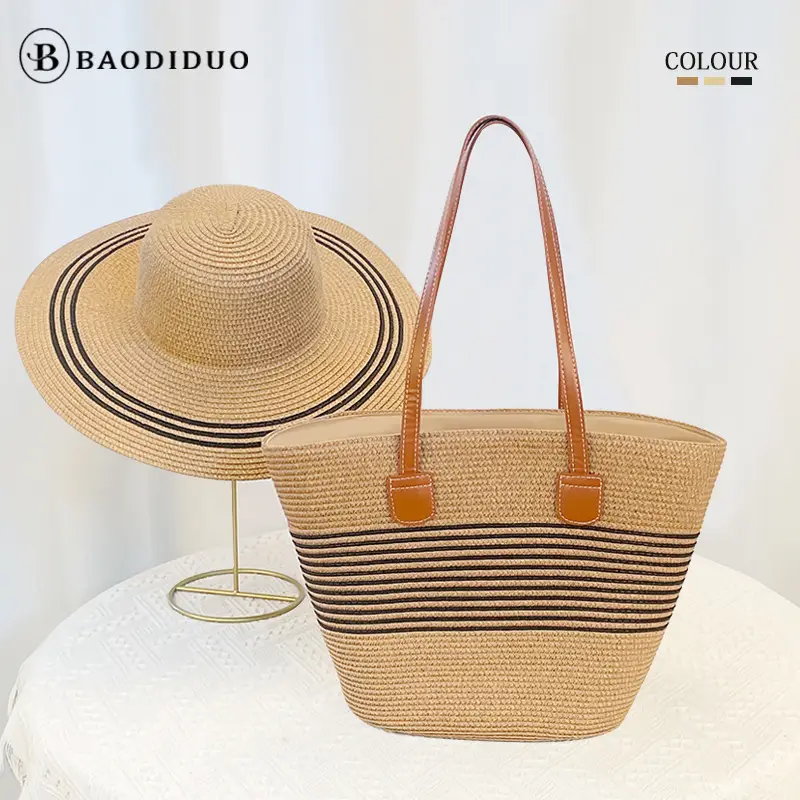Women Straw Hat Bag Large Capacity Striped Handwoven - Image 8